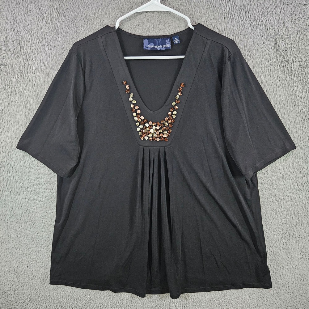 Susan Graver Style Black Embellished V-Neck Liquid Knit Top XL Short Slv Blouse